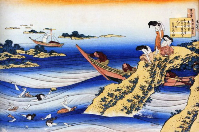 Японские ныряльщицы за жемчугом - ама - старинная гравюра
